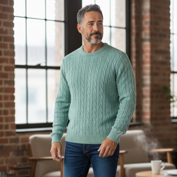 Brooks Brothers 100% Linen Italian Cable Knit Sweater Large Fisherman Turquoise